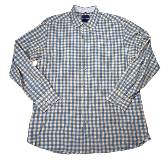 Tommy Bahama Button Up Shirt Mens Large Blue Yellow Gingham Cotton Silk Blend - Picture 2 of 9